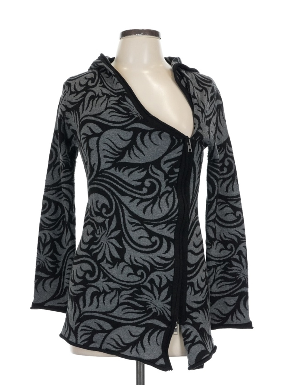 Avalanche Black & Gray Floral-Scroll Hooded Zip Cardigan